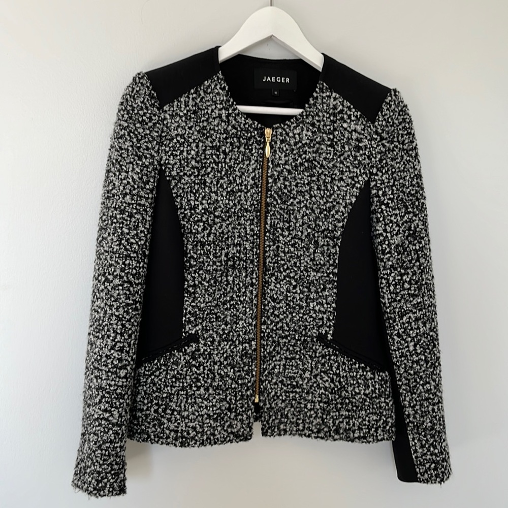 Jaeger Black Tweed Fitted Jacket with Black Panel Details, size 6 US